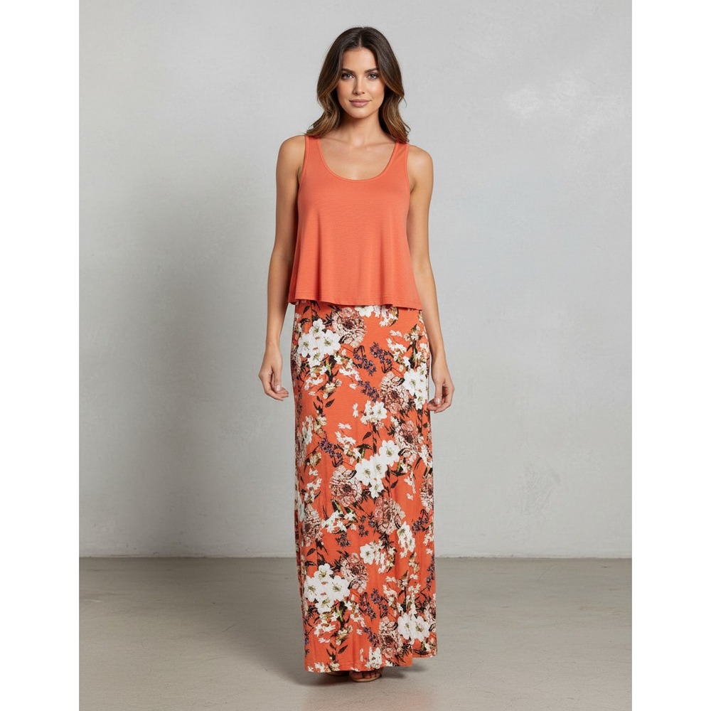New Lascana 6 Maxi Dress Orange Floral Overlay Knit Boho Coastal Tropical Bloom‎